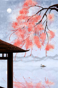 古風(fēng)場景賞月賞花插畫