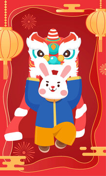 新年舞狮兔子灯笼祥云插画