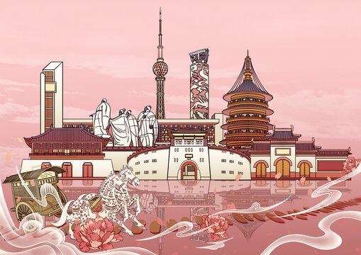 洛阳城市地标建筑国风插画