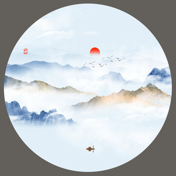 圓形水墨山水畫