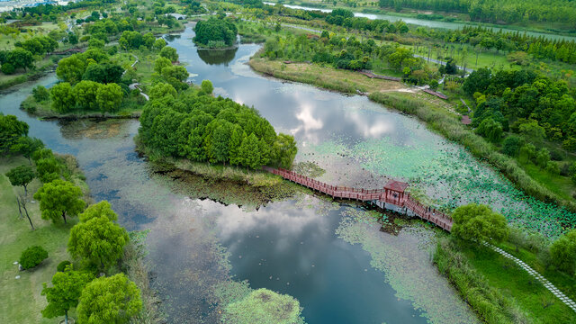 航拍城市公园清晨美景