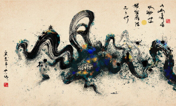 崎嶇蜿蜒的潑墨抽象山水畫
