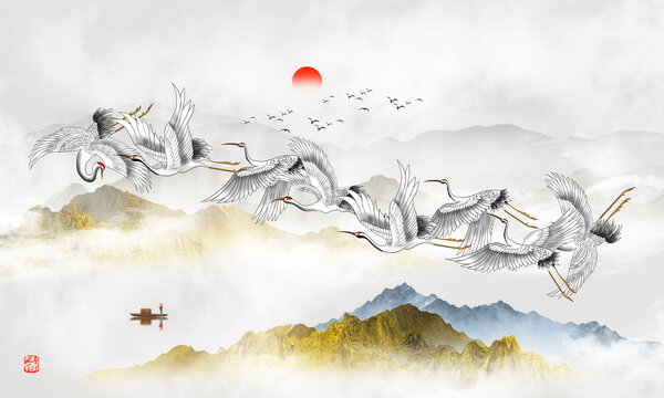 仙鶴山水裝飾畫