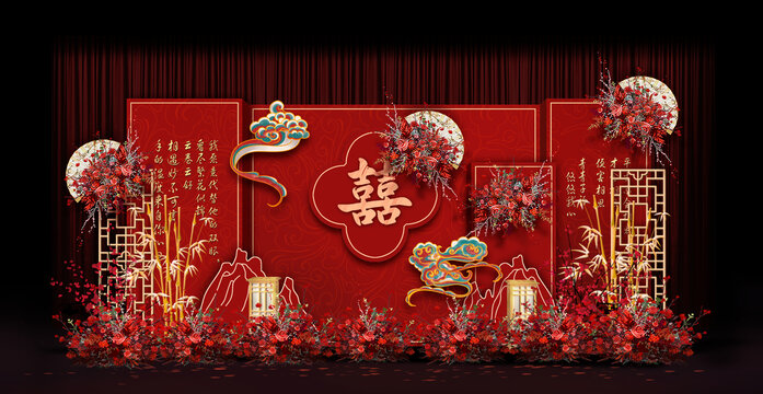 紅色中式婚禮手繪效果圖