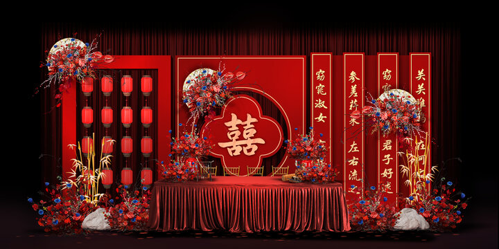 紅色中式婚禮手繪效果圖