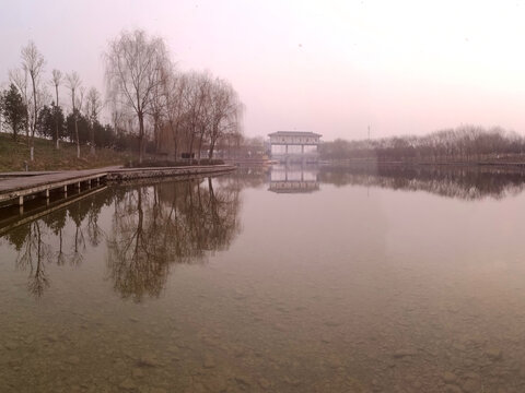 夕照河面杨柳倒映