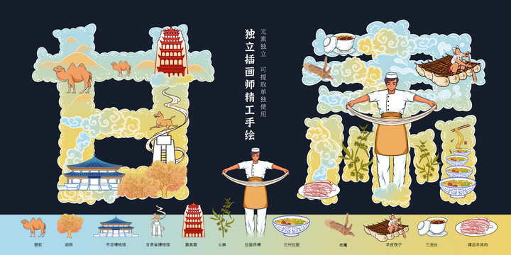 甘肅特產(chǎn)城市地標(biāo)宣傳包裝插畫