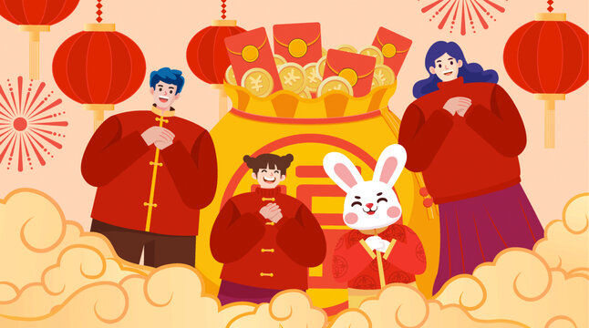 春节一家人和兔子拜年背景插画