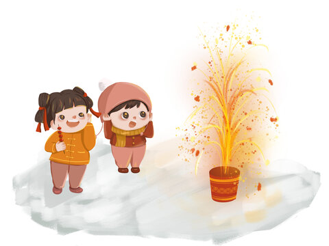 黃色兒童插畫兩個兒童放煙花