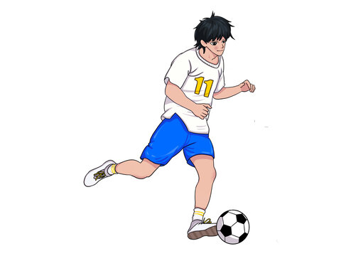 藍色手繪踢足球陽光男生奔跑