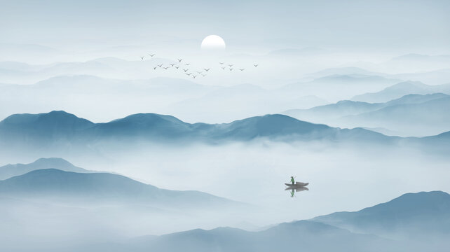 藍色水墨山水畫