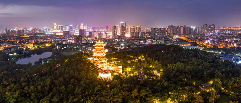 义乌鸡鸣阁城市夜景航拍全景