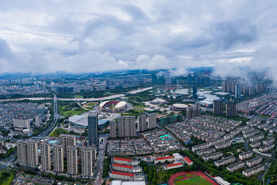 义乌城市地标云海风光航拍