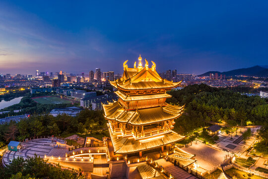 义乌鸡鸣阁夜景灯光航拍