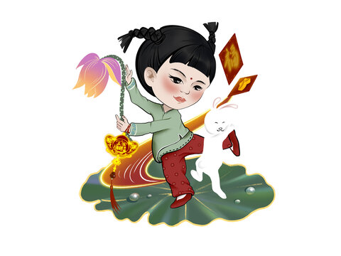 吉祥如意手拿蓮花腳踏荷葉白兔