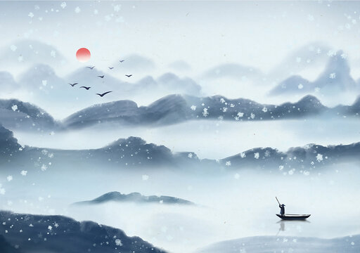 藍色水墨遠景雪山河水鴿子