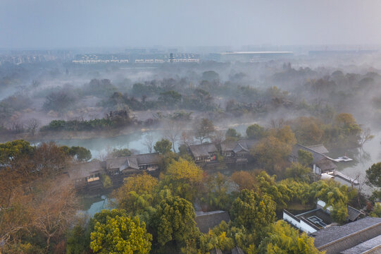 杭州市西溪湿地晨曦云雾航拍