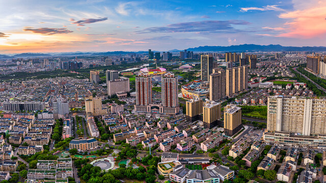 义乌城市夜景晚霞风光鸟瞰