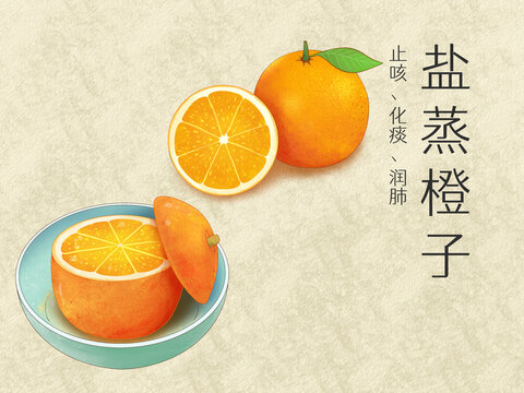 手绘水彩传统美食盐蒸橙子插画