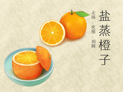 手繪水彩傳統(tǒng)美食鹽蒸橙子插畫