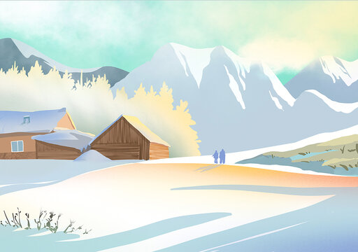 冬天写实唯美浅色远景雪山木屋