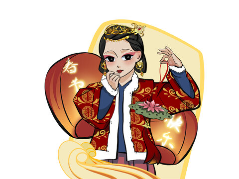 國潮春節(jié)人物紅色棉襖花燈