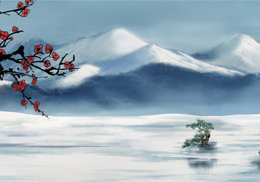 藍(lán)色冬天水墨遠(yuǎn)景松樹雪地梅花