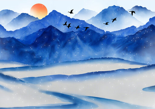 藍色水墨遠景雪山雪地飛鳥
