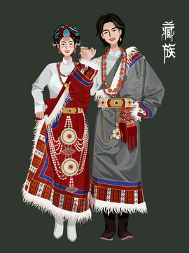 藏族服飾情侶人物矢量插畫
