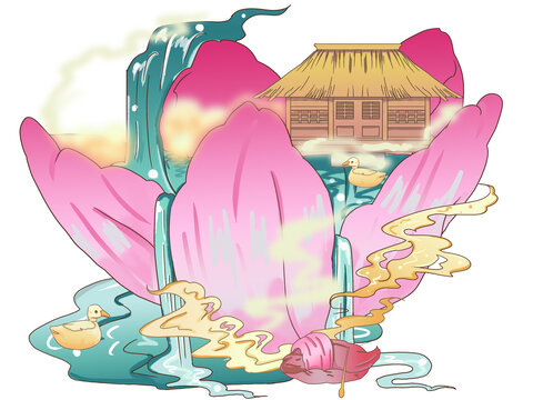 粉色國潮立春桃花瀑布花瓣船
