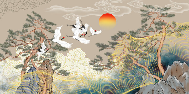 古典迎客松祥云瑞鶴圖