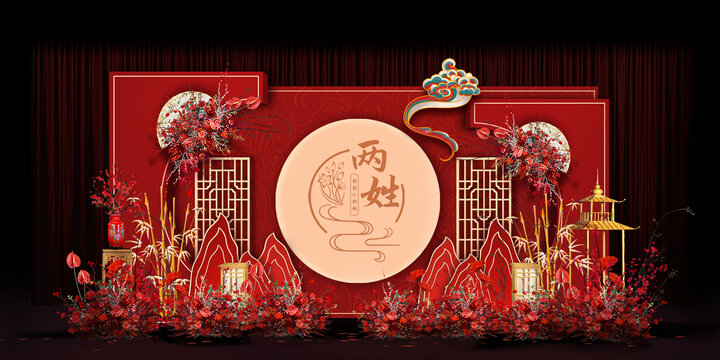 紅色中式婚禮手繪高清分層