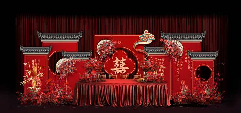 紅色中式婚禮手繪效果圖