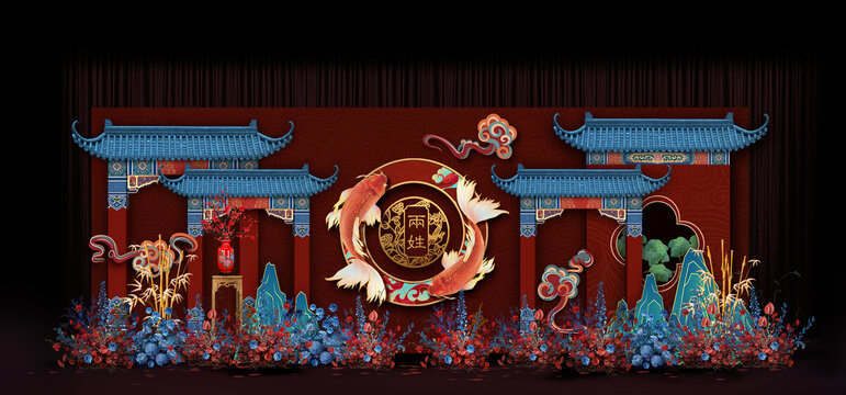 紅藍(lán)新中式婚禮手繪效果圖