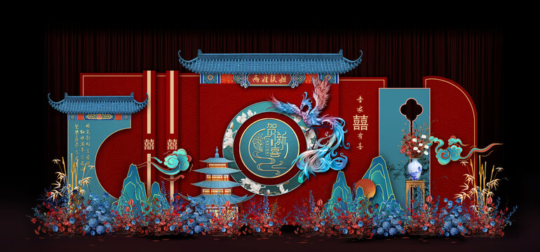 紅藍新中式婚禮手繪效果圖