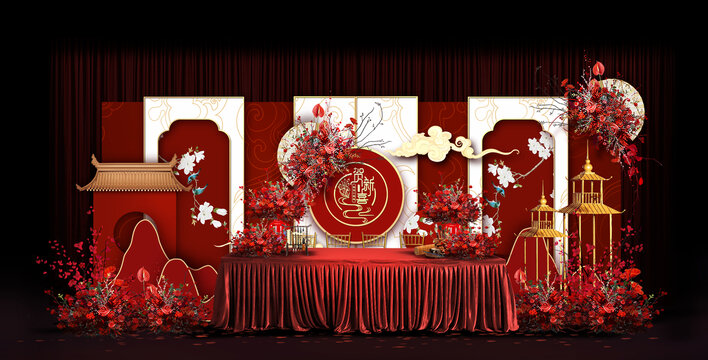 中式簽到臺(tái)婚禮手繪效果圖