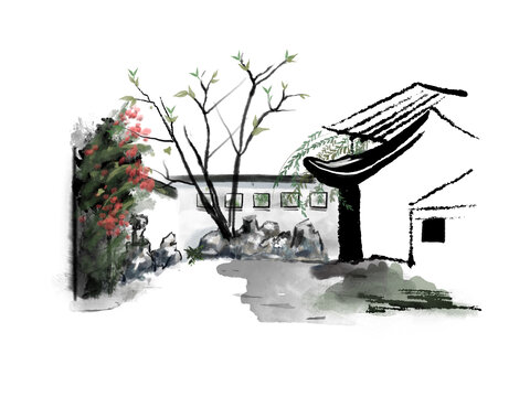 立春古風(fēng)小院院墻內(nèi)發(fā)芽樹花