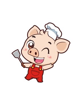 卡通可愛小豬廚師拿鍋鏟