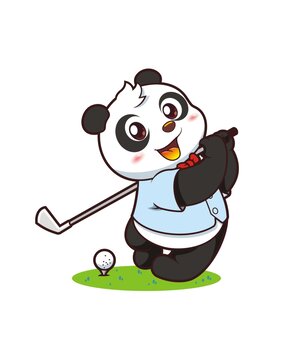 卡通可爱熊猫打高尔夫