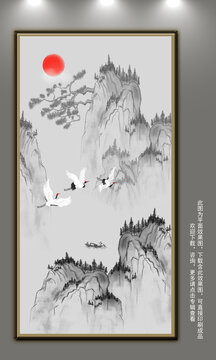 水墨背景酒店大堂壁畫