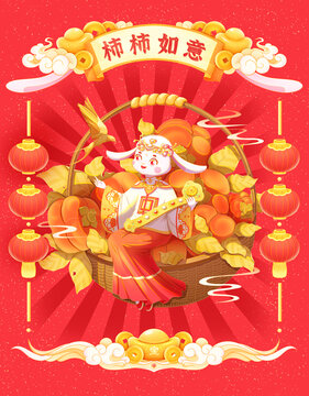 兔年年畫柿柿如意