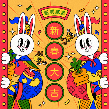 可愛卡通兔子門神新年賀圖