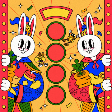 可爱卡通兔子门神新年贺图模板