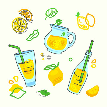 涂鸦柠檬与新鲜果汁平面插图