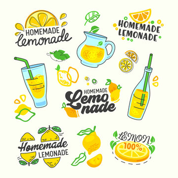 自制新鲜果汁与有机柠檬 平面插图素材集合