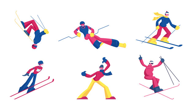 滑雪人物动作与特技平面插图素材集合