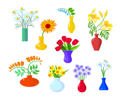 各式花瓶里的季節(jié)花朵 平面插圖素材