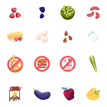 食物與禁止圖標平面插圖素材集合