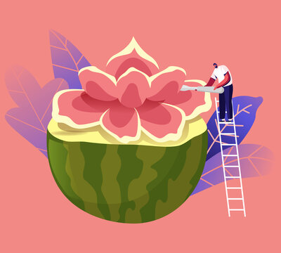 微小師傅在梯子上替西瓜雕花平面插圖