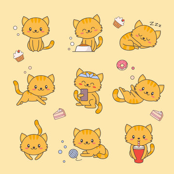 各式動作的卡通貓咪 平面插圖素材集合
